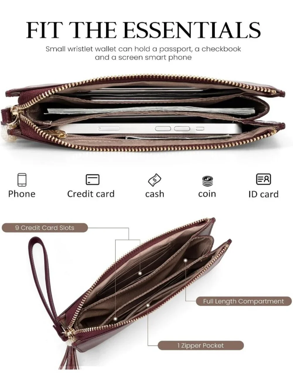 Women's Burgundy Leather Wristlet Clutch Wallet redit Card Holder Purse